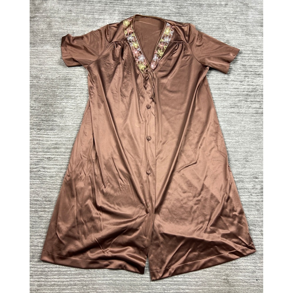 JCPenney Nightgown Womens M Brown Vintage Floral Embroidered Button Front Satin